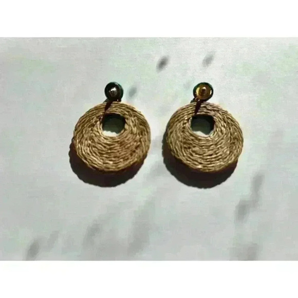 Handmade Rattan Disc Statement Earrings Teal And Tan - Picture 3 of 5